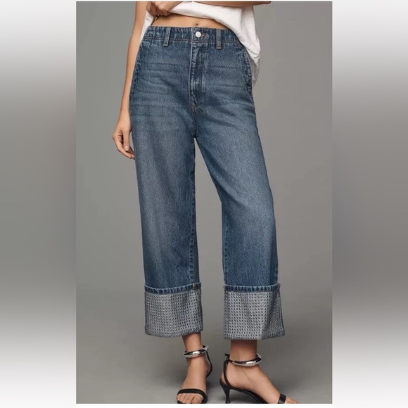 Anthropologie The Lonnie Sparkle Cuffed High Rise Crop Jeans Sequin Blue - Picture 2 of 7